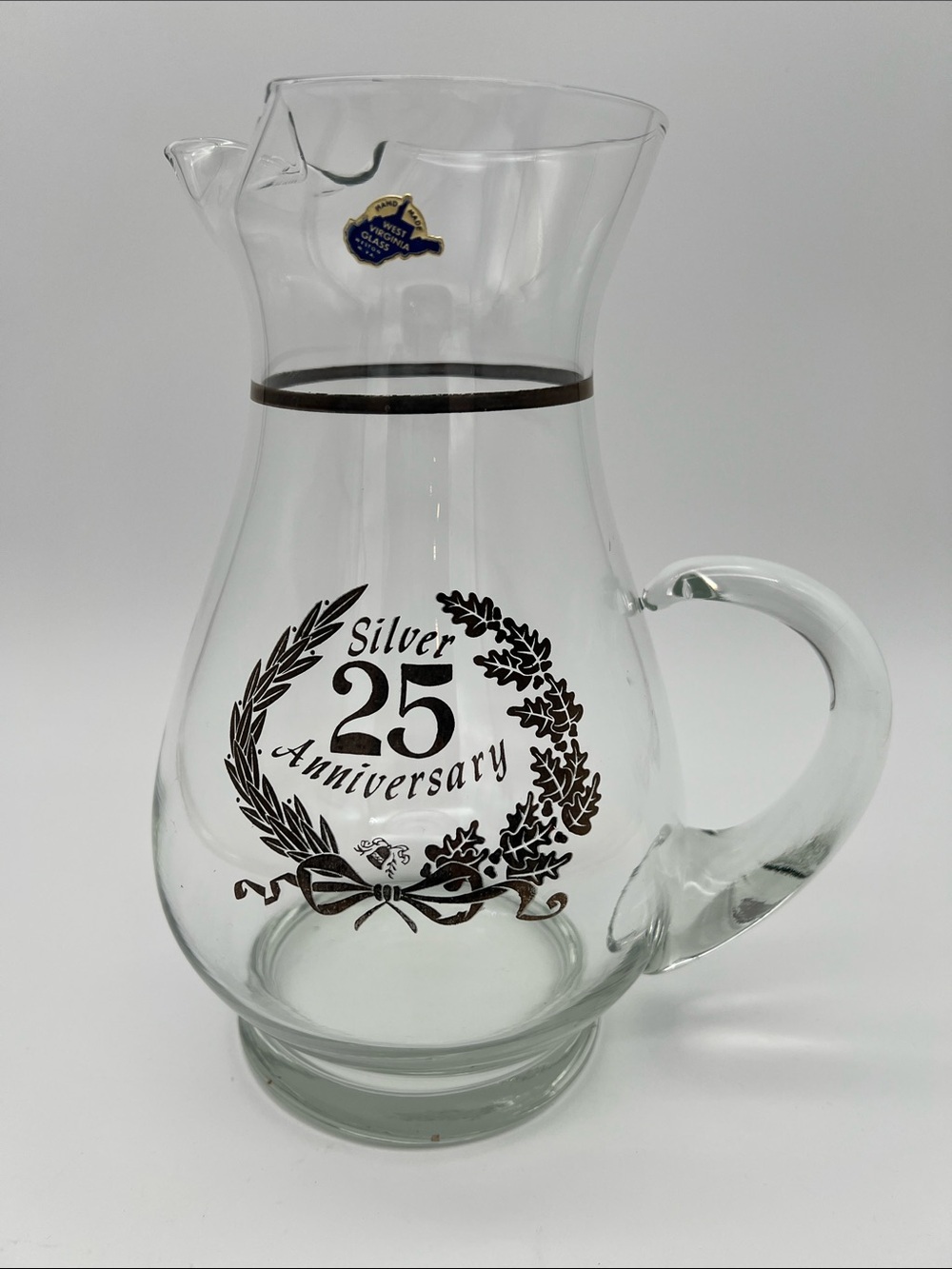 Vintage West Virginia Glass Co. 25th Silver Anniversary Hand-blown Glass Pitcher